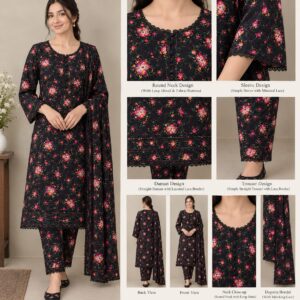elegant black floral digital printed 2 piece ladies suit